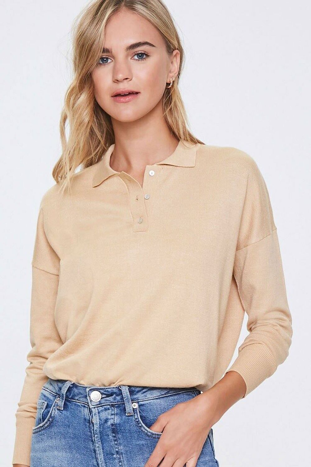 TAUPE Ribbed Collared Top, image 1