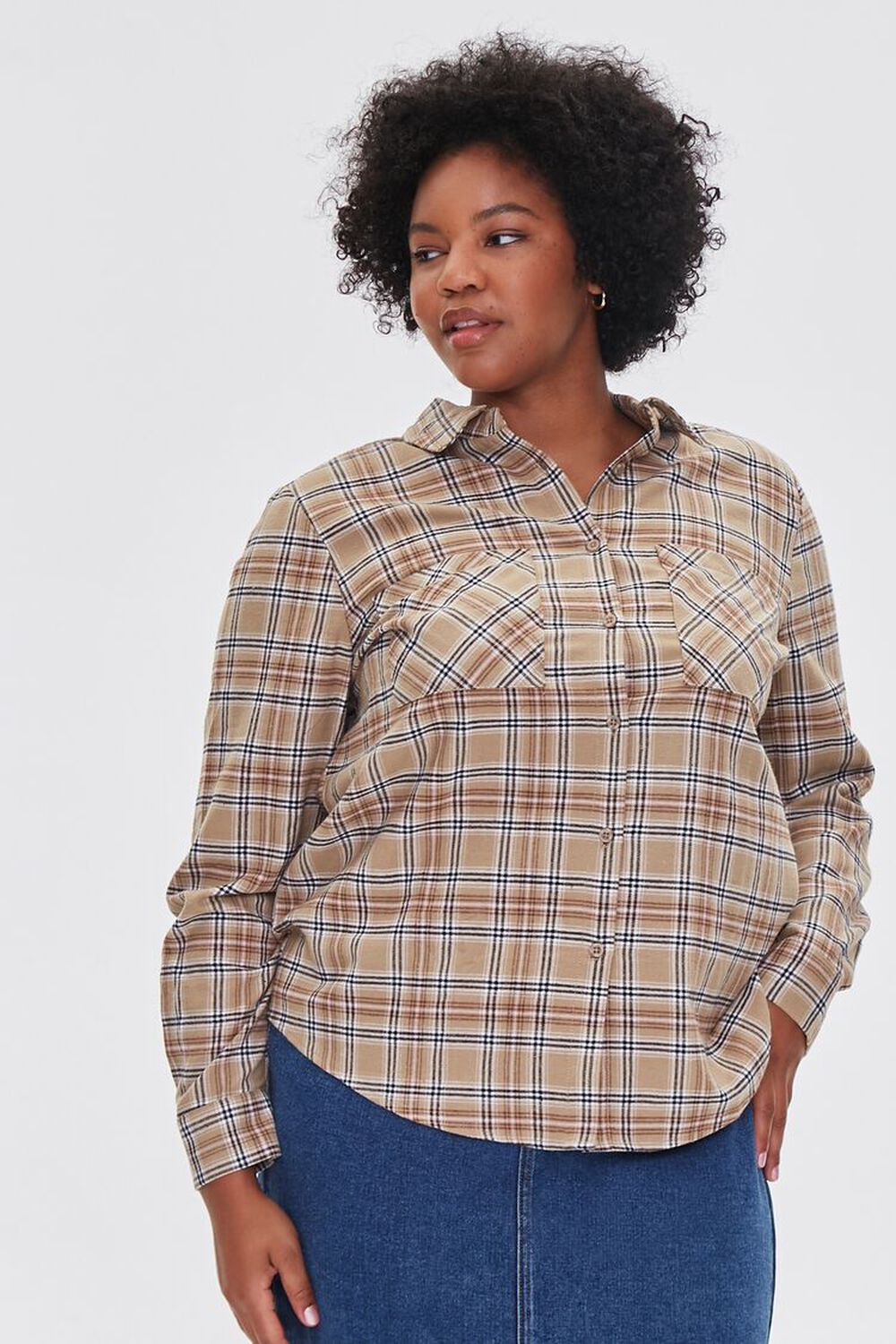 TAN/MULTI Plus Size Dual-Pocket Flannel Plaid Shirt, image 1