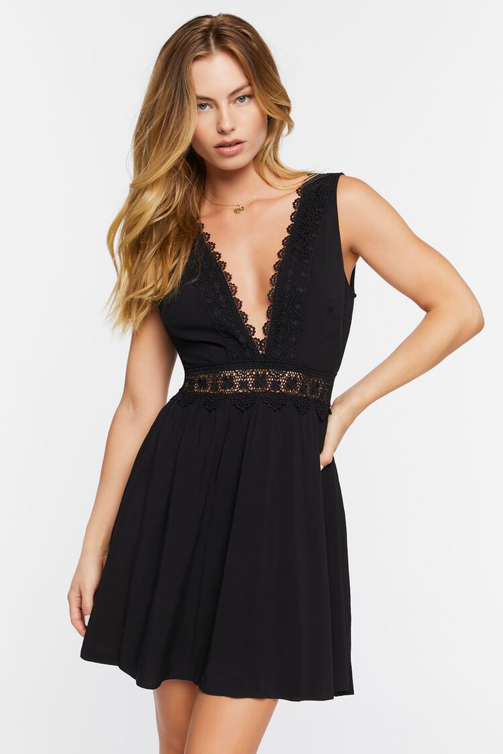 BLACK Plunging Lace-Trim Mini Dress, image 1