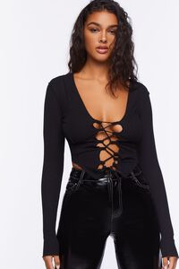 BLACK Lace-Up Long-Sleeve Crop Top, image 1