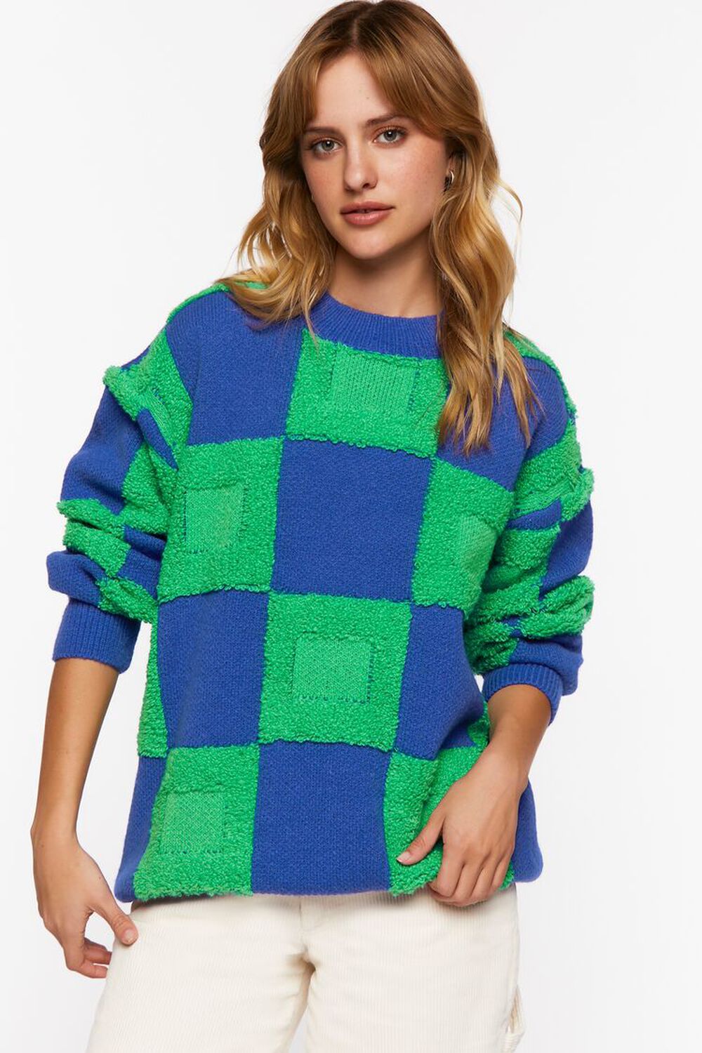 BLUE/GREEN Fuzzy Checkered Sweater, image 1