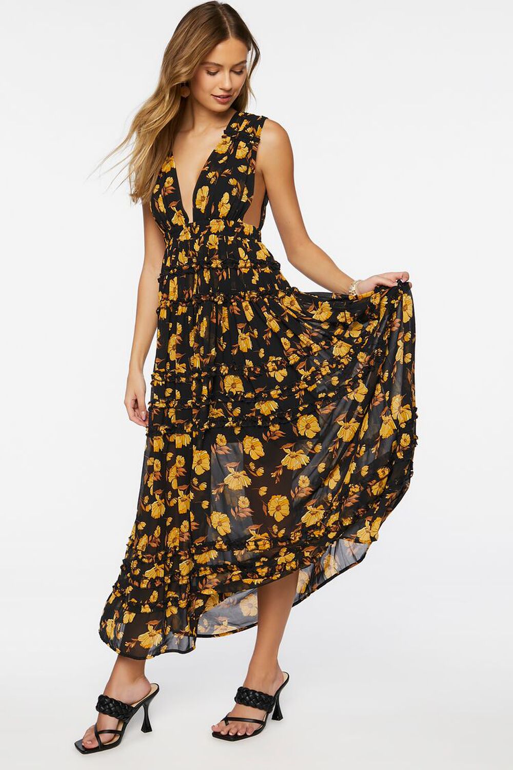 BLACK/MULTI Floral Print Plunging Maxi Dress, image 1