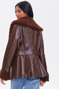 BROWN Faux Leather Belted Faux Shearling Jacket, image 3