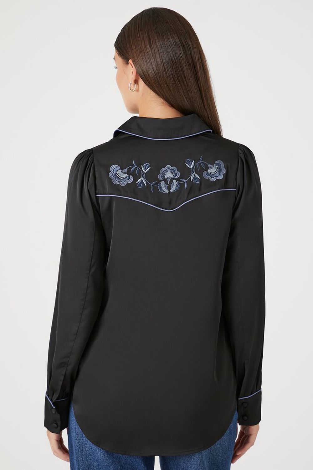 BLACK/MULTI Floral Embroidered Satin Shirt, image 3