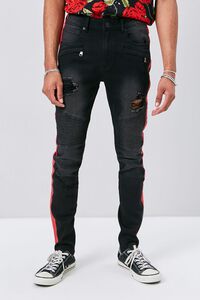 WASHED BLACK/RED Side-Striped Distressed Moto Jeans, image 2