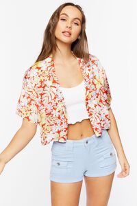 RED/MULTI Tropical Floral Print Cropped Shirt, image 1