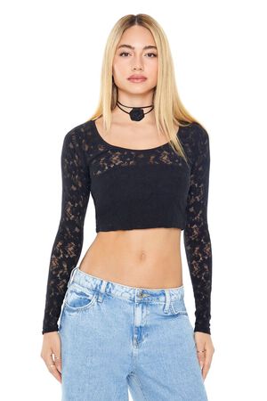 Forever21 Sheer Mesh Floral Crop Top (125 ZAR) ❤ liked on Polyvore  featuring tops, long-sleeve crop tops, long sleeve tops,…