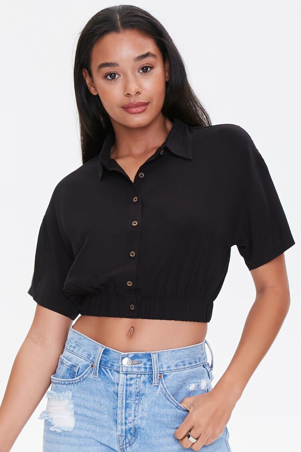 BLACK Cropped Button-Up Shirt, image 1