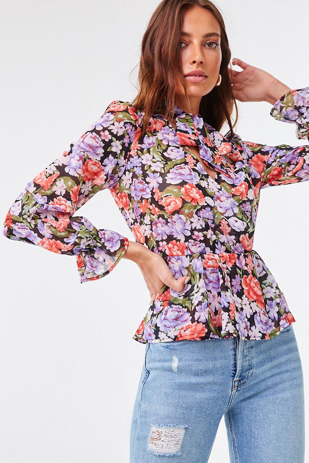 Floral Chiffon Pussycat Bow Top, image 1