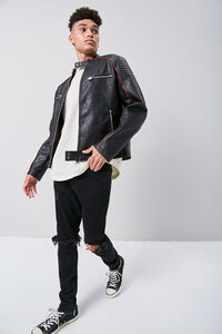 BLACK/RED Faux Leather Piped-Trim Bomber Jacket, image 4
