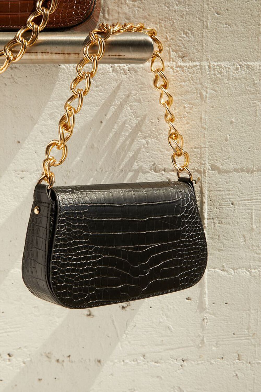 BLACK Faux Croc Leather Shoulder Bag, image 1