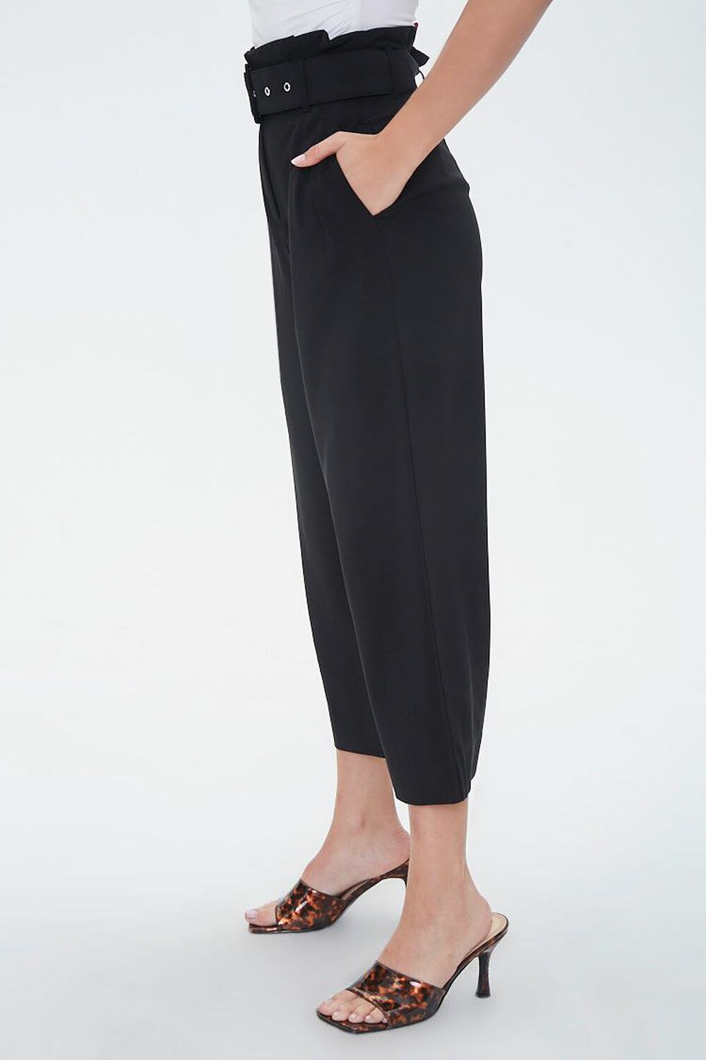 BLACK Crepe Wide-Leg Paperbag Pants, image 3
