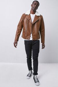 BROWN Faux Leather Moto Jacket, image 4