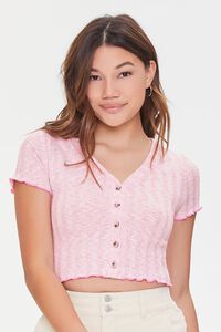 PINK Ribbed Button-Front Crop Top, image 1