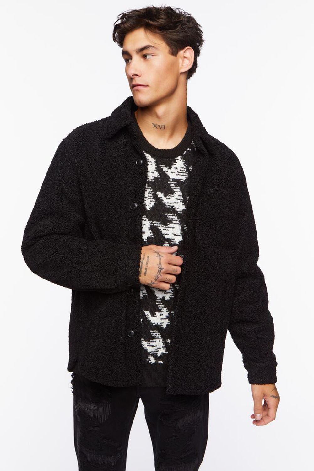 BLACK Faux Shearling Button-Up Jacket, image 1