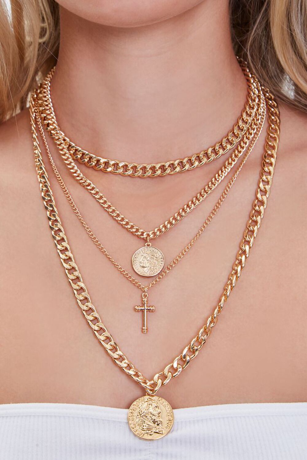 GOLD Ancient Coin & Cross Pendant Layered Necklace, image 1