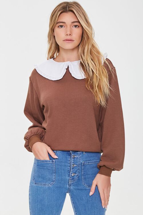 DARK BROWN/WHITE French Terry Ruffled Collar Pullover, image 1