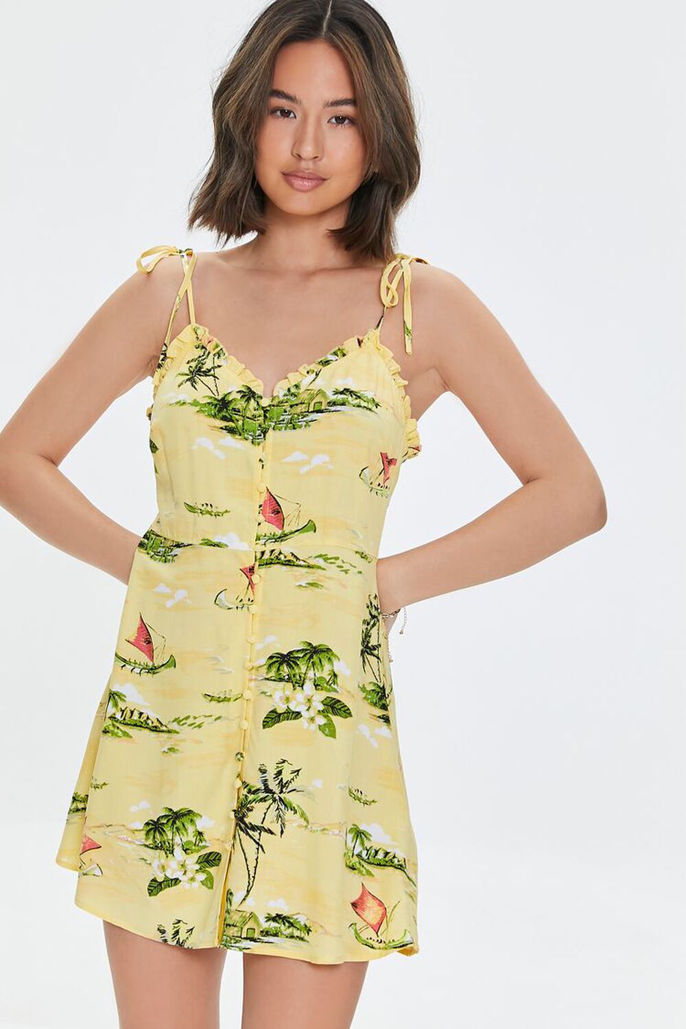 YELLOW/MULTI Tropical Ruffled Cami Dress, image 1