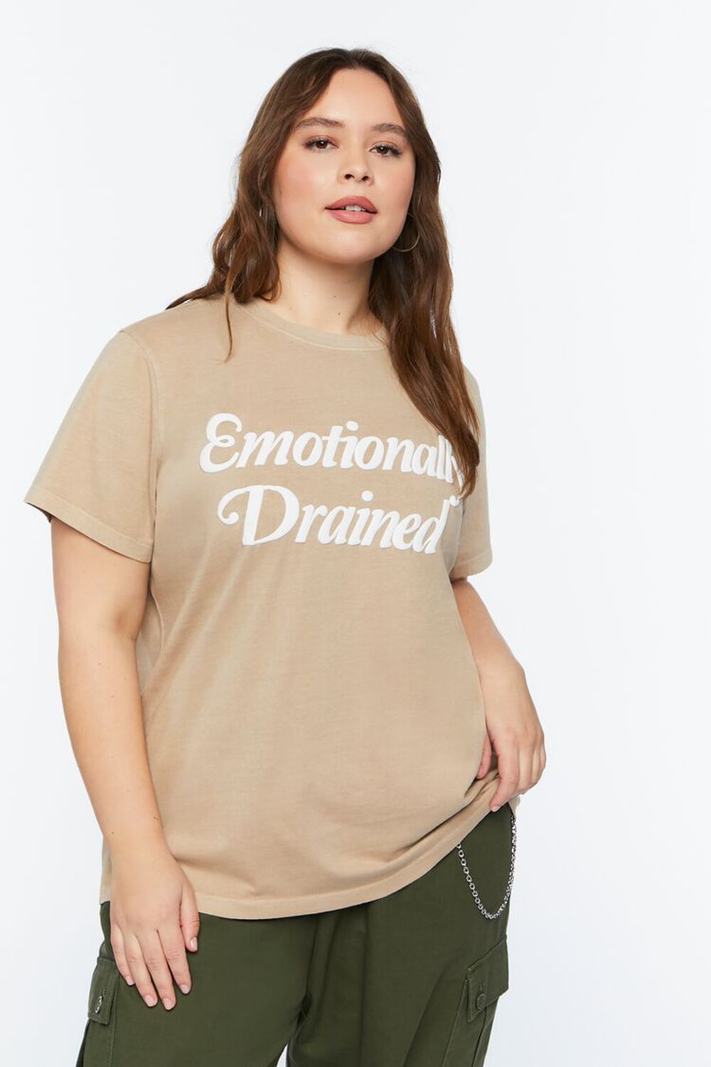 TAUPE/WHITE Plus Size Emotionally Drained Graphic Tee, image 1