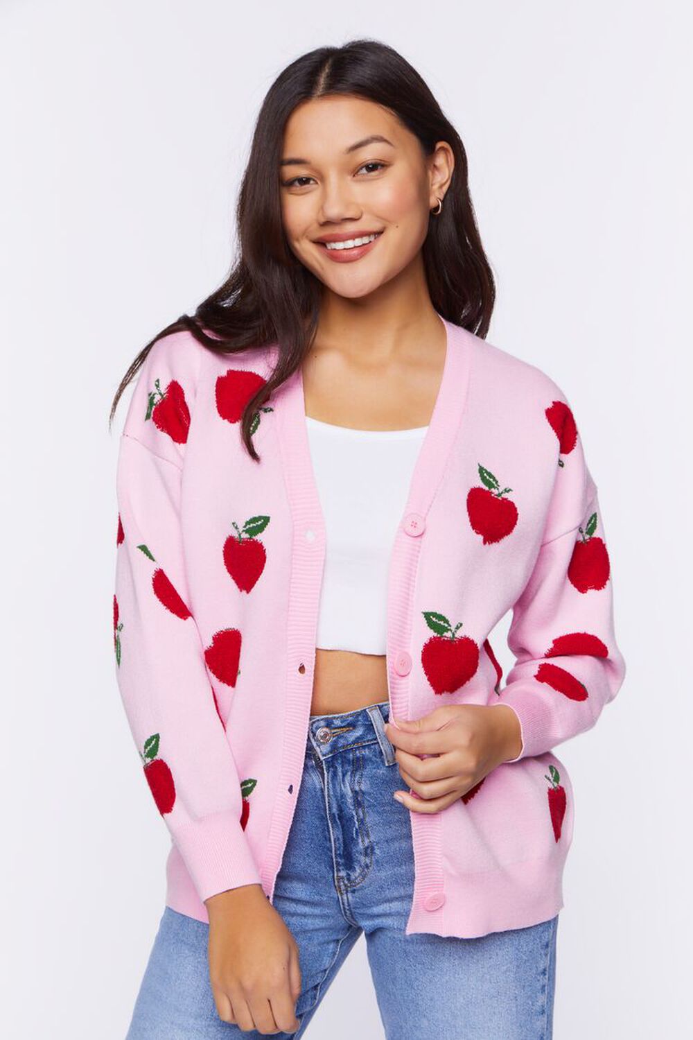 PINK/RED Apple Print Cardigan Sweater, image 1
