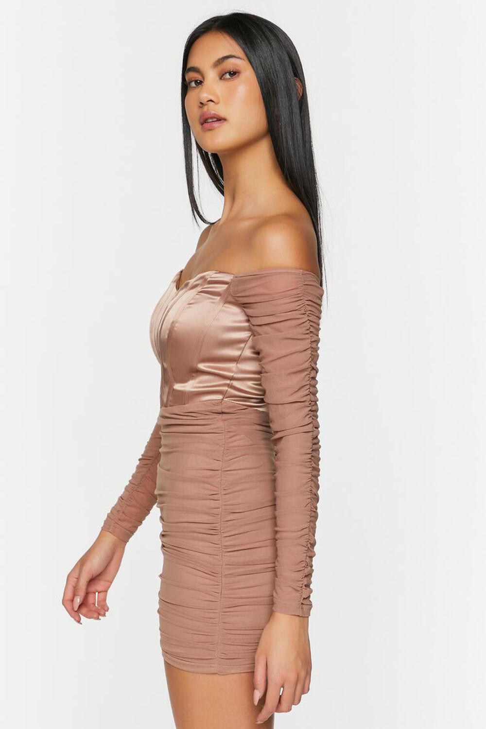 CAPPUCCINO Ruched Mesh Off-the-Shoulder Mini Dress, image 2