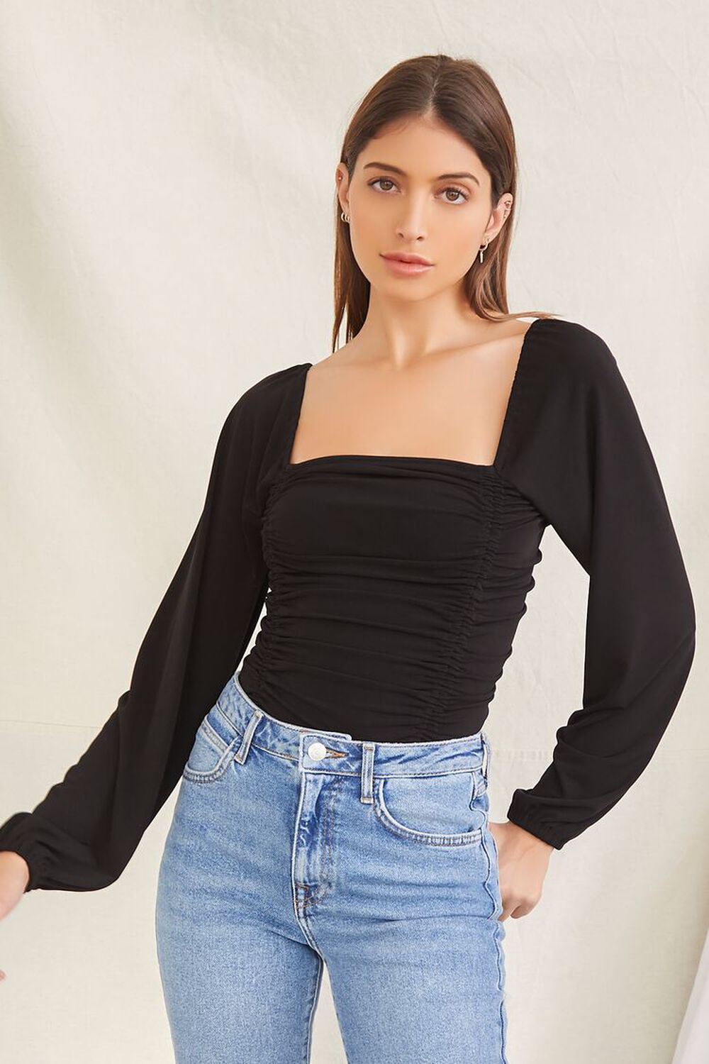 Ruched Peasant-Sleeve Bodysuit