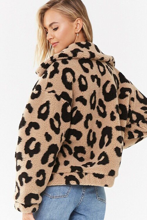 CAMEL/BLACK Leopard Print Sherpa Jacket, image 3
