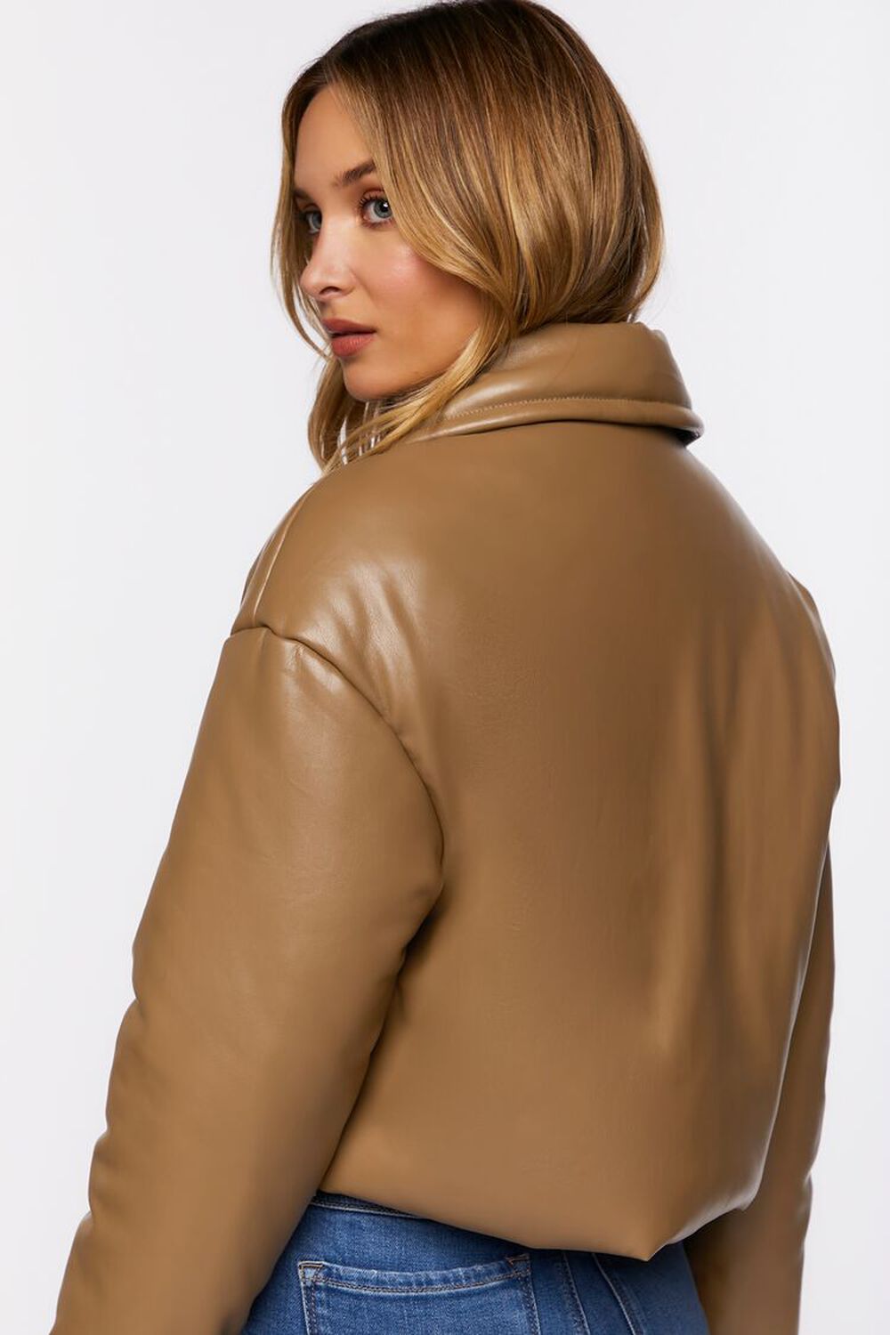 TAUPE Faux Leather Foldover Puffer Jacket, image 3