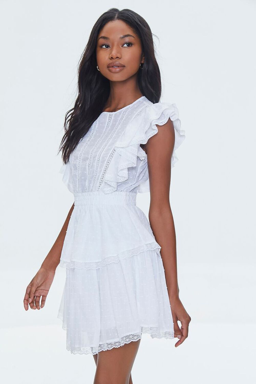 WHITE Clip Dot Lace Ruffled Mini Dress, image 2