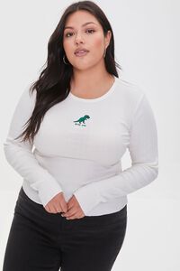 WHITE/MULTI Plus Size Embroidered T-Rex Tee, image 1