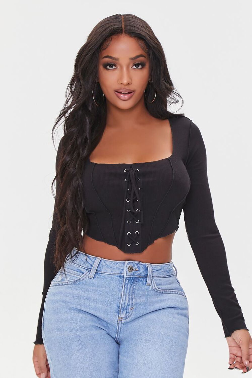 BLACK Ribbed Lace-Up Crop Top, image 1