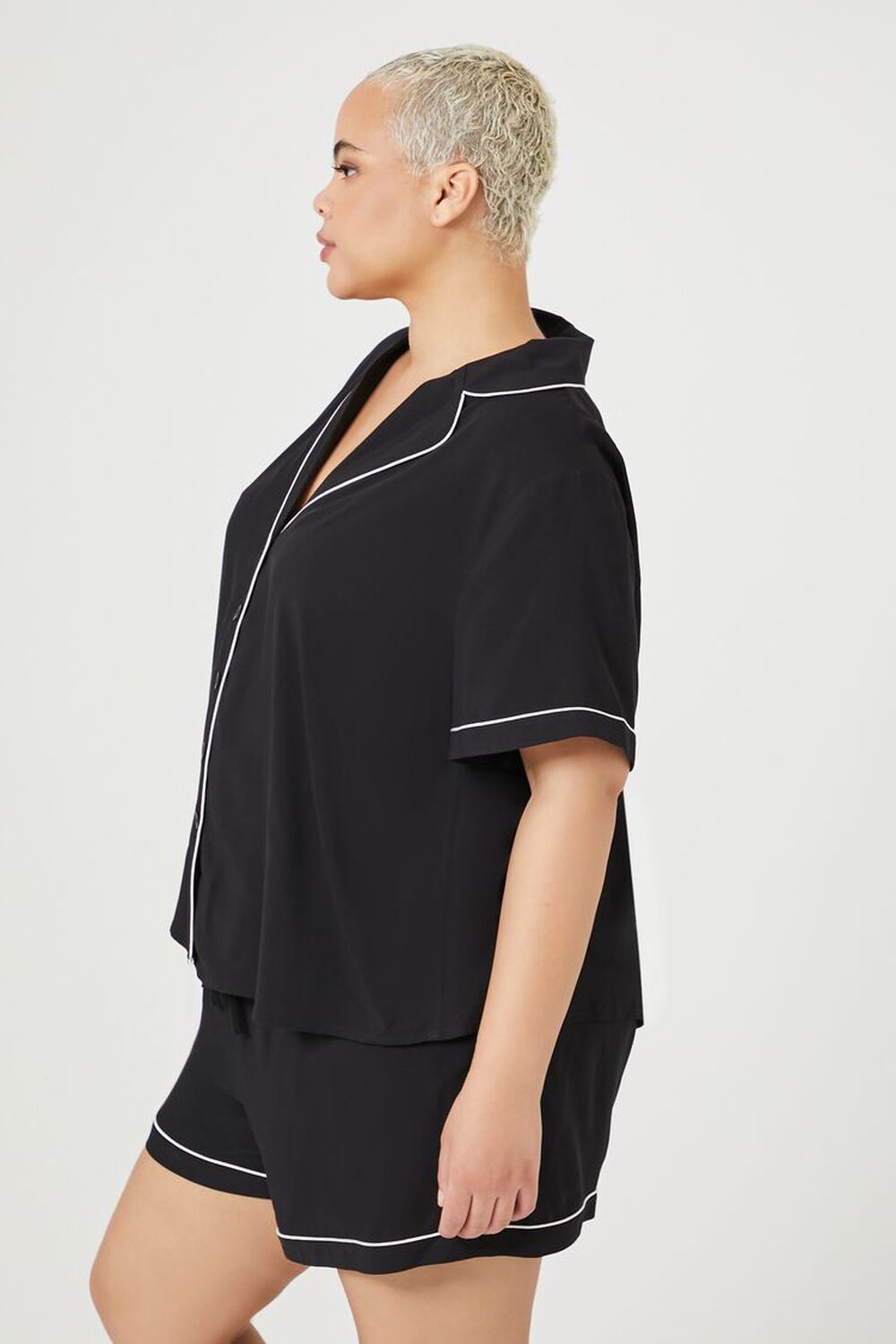 BLACK/MULTI Plus Size Piped-Trim Shirt & Shorts Pajama Set, image 2
