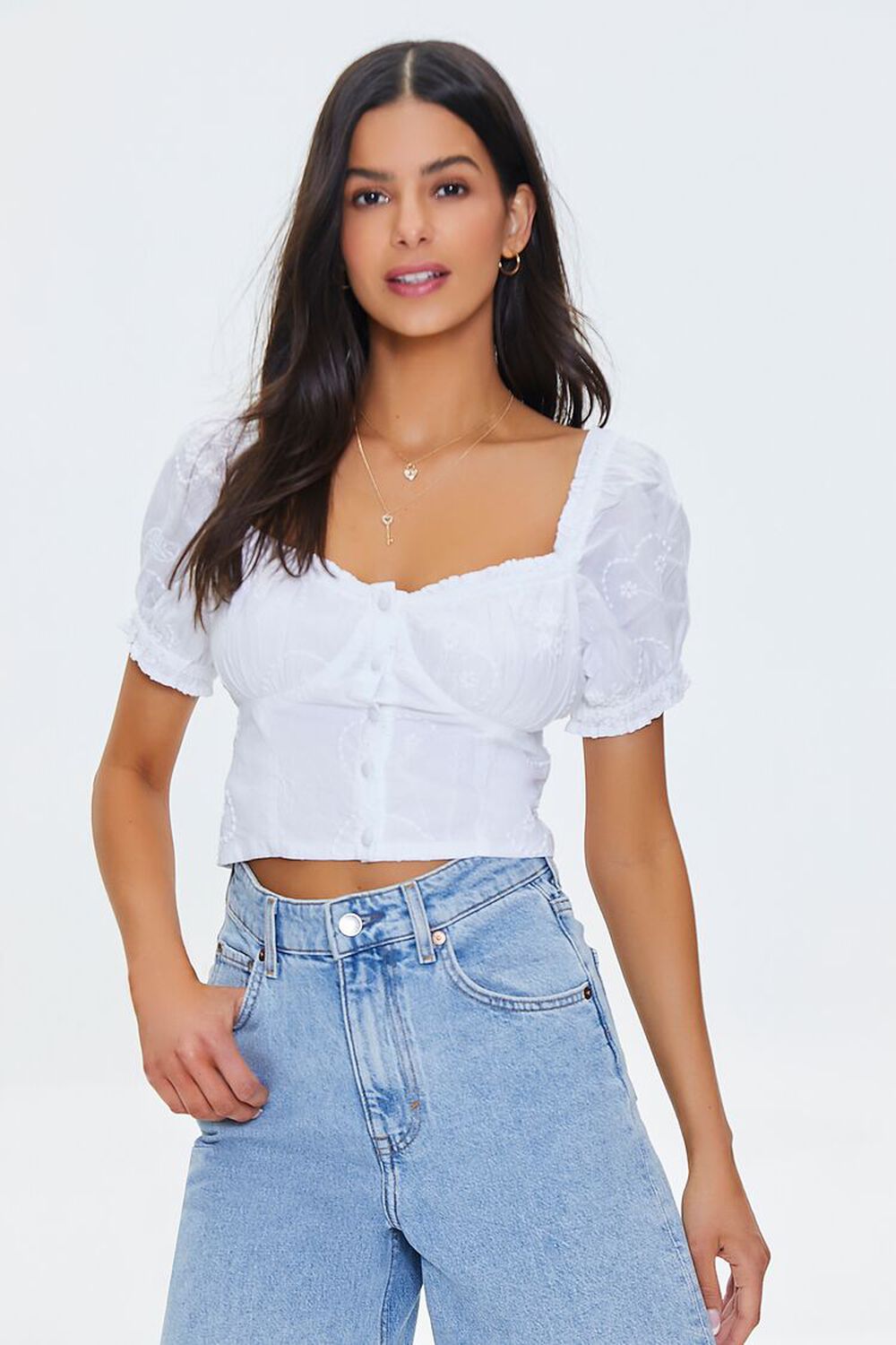 Embroidered Ruffle-Trim Crop Top