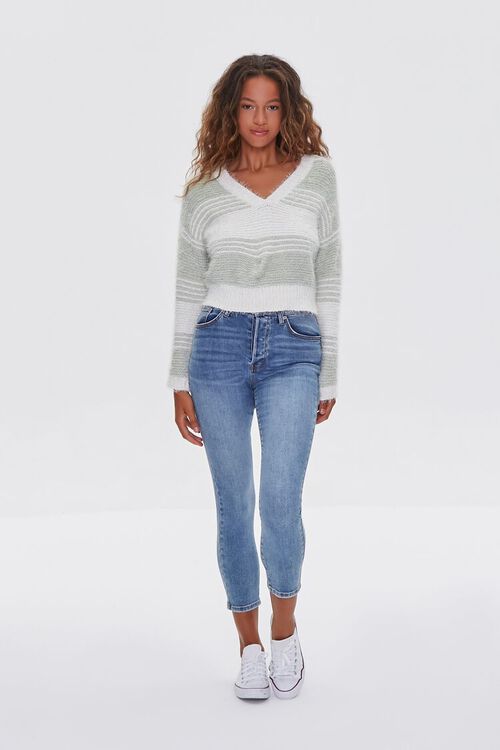SAGE/WHITE Fuzzy Striped Cropped Sweater, image 4