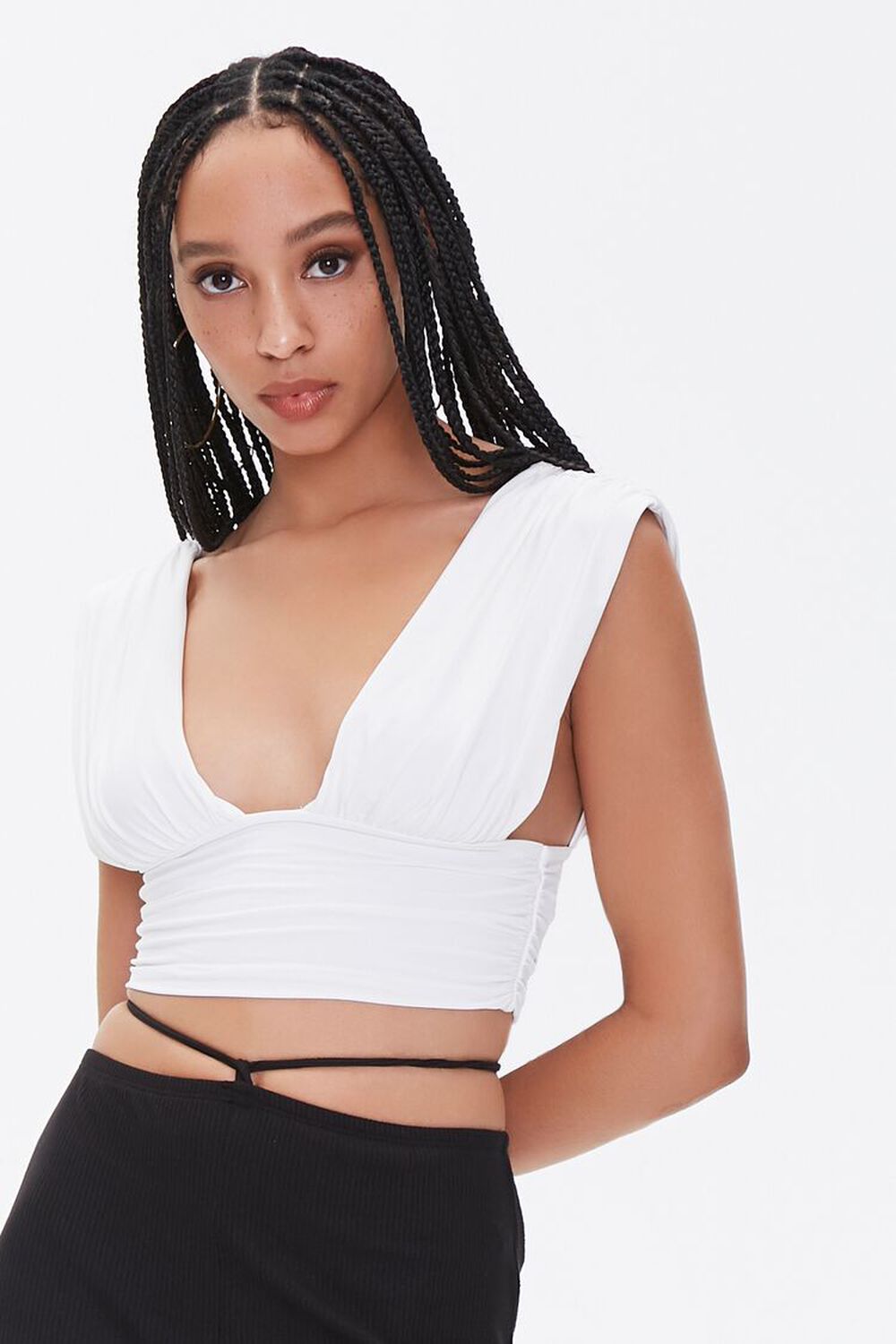 WHITE Plunging Ruched Crop Top, image 1