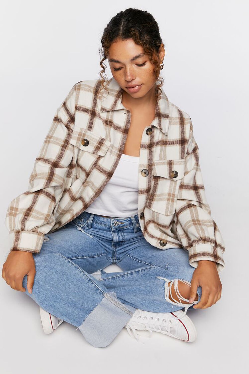 CREAM/BROWN Plaid Button-Up Shacket, image 1