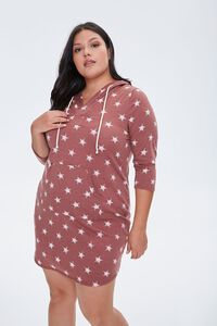 RUST/IVORY Plus Size Star Print Hoodie Dress, image 1