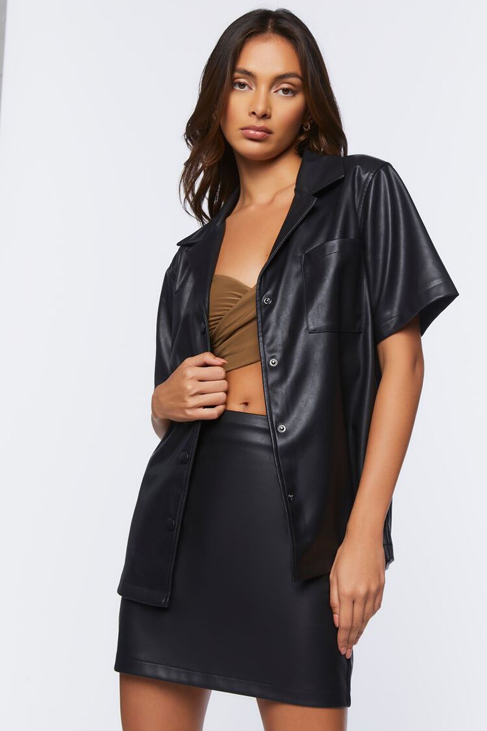BLACK Faux Leather Shirt & Mini Skirt Set, image 1