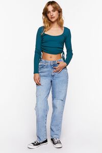 TEAL BLUE Ruched Drawstring Long-Sleeve Crop Top, image 4