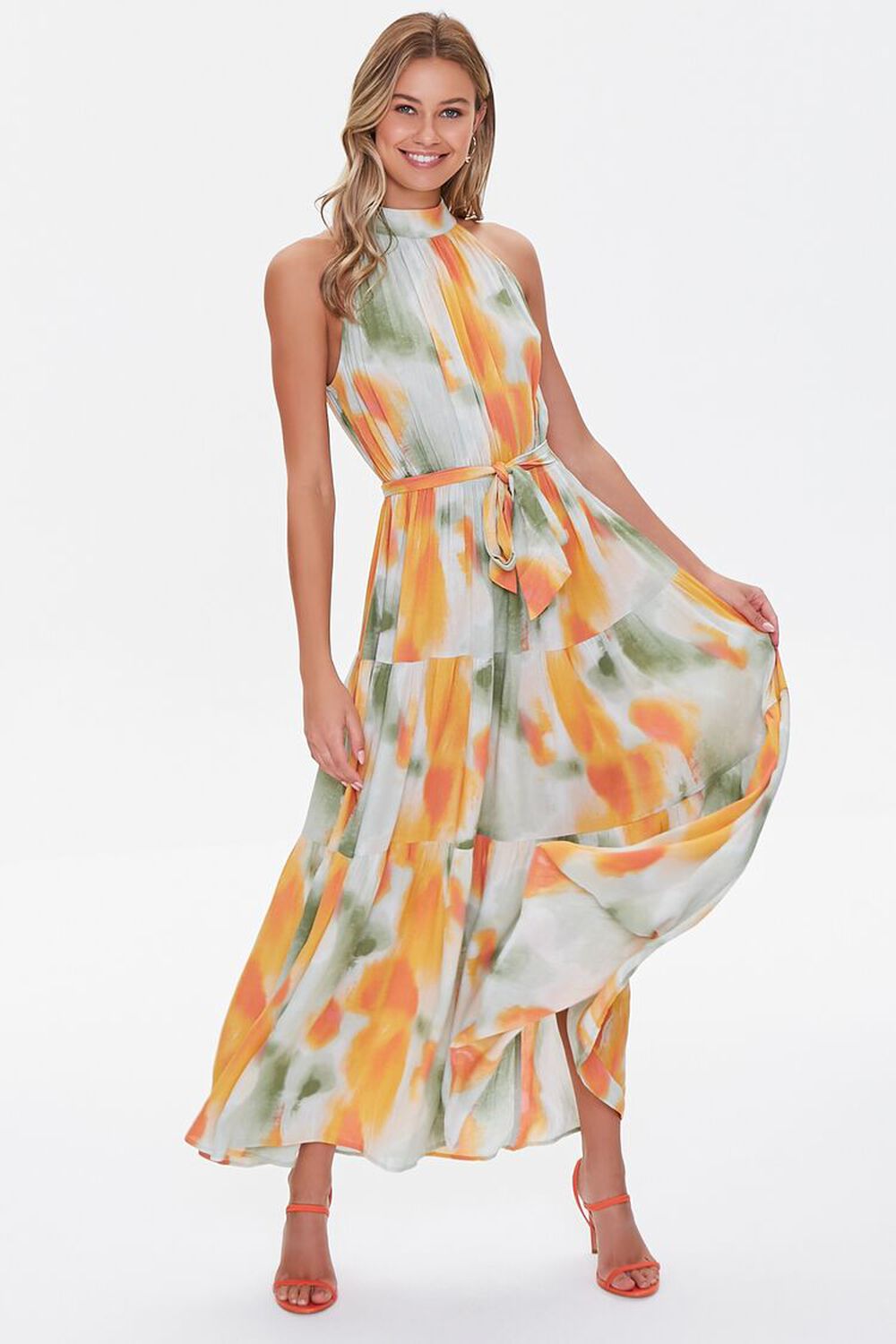 RUST/MULTI Watercolor Wash Halter Maxi Dress, image 1