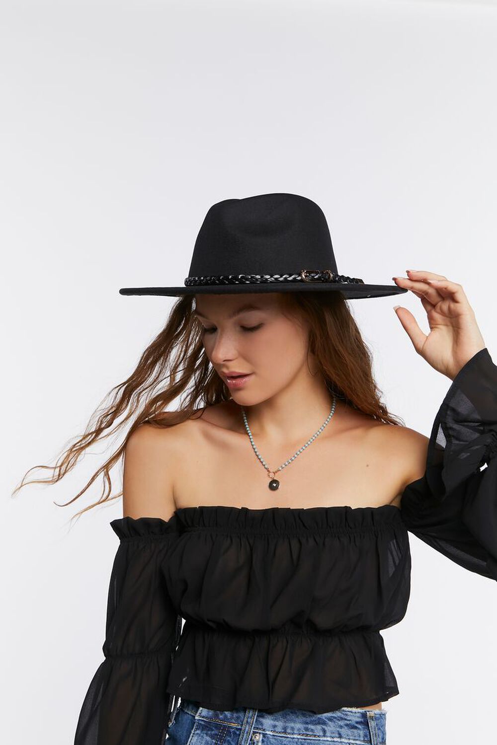 BLACK/BLACK Braided-Trim Cowboy Hat, image 1