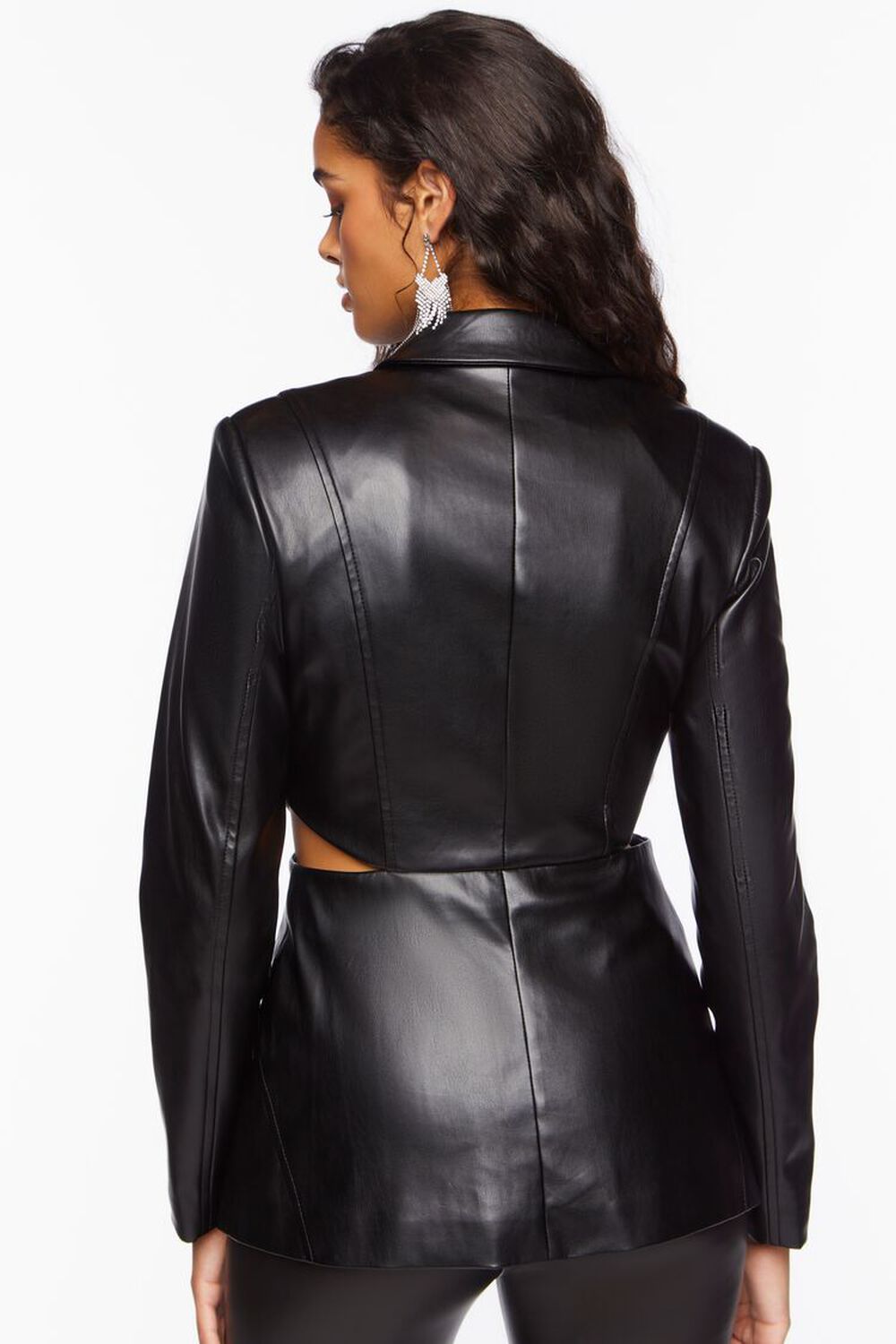 BLACK Faux Leather Zip-Front Cutout Blazer, image 3