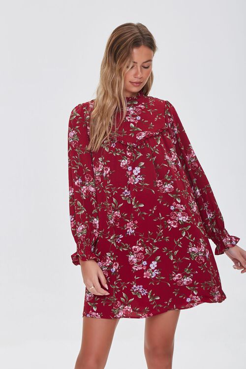 BURGUNDY/MULTI Recycled Floral Mini Shift Dress, image 1