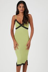 GREEN/BLACK Ribbed Lace-Trim Midi Dress, image 4