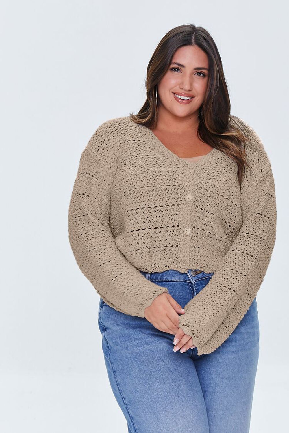 ASH BROWN Plus Size Open-Knit Cardigan Sweater, image 1