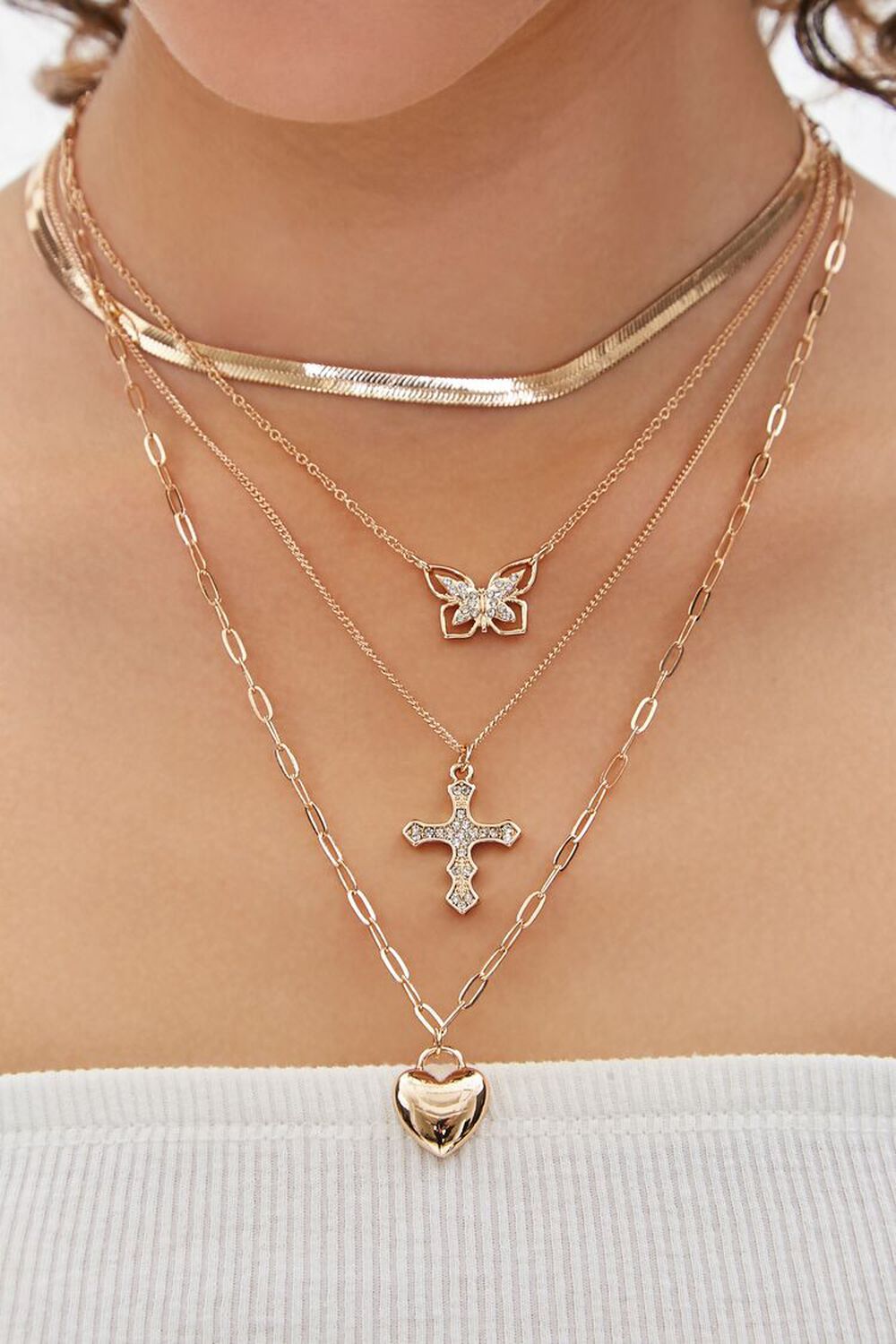 GOLD Cross & Butterfly Pendant Necklace Set, image 1