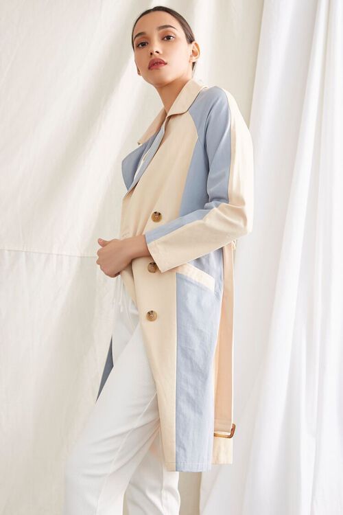 KHAKI/BLUE Colorblock Belted Trench Coat, image 2