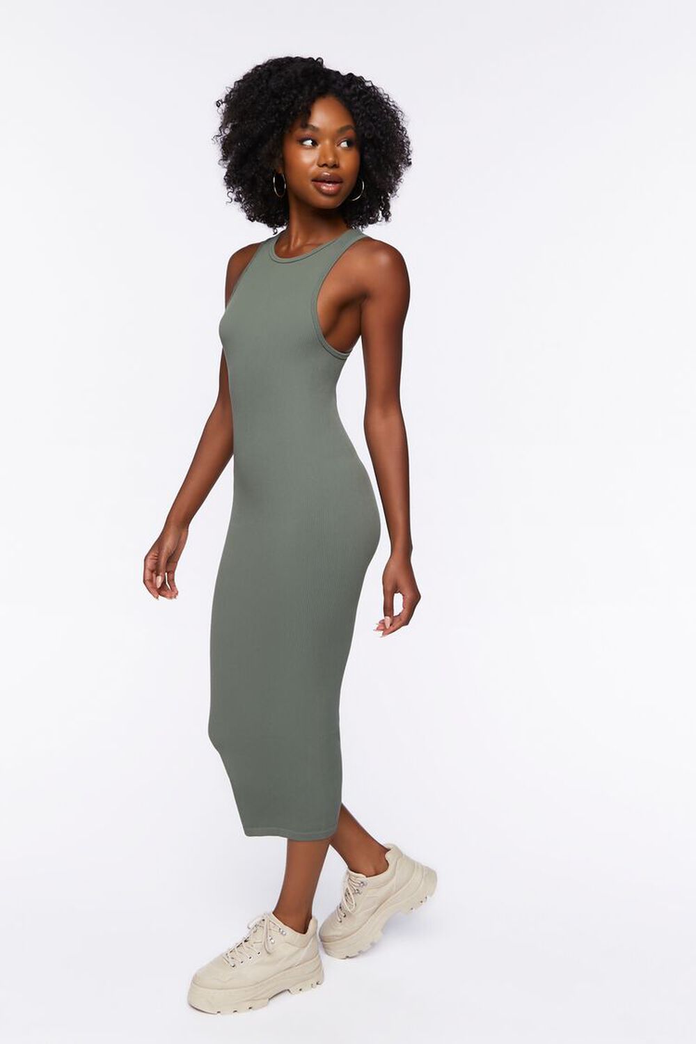 Move Your Body Olive Green Ribbed Bodycon Midi Dress