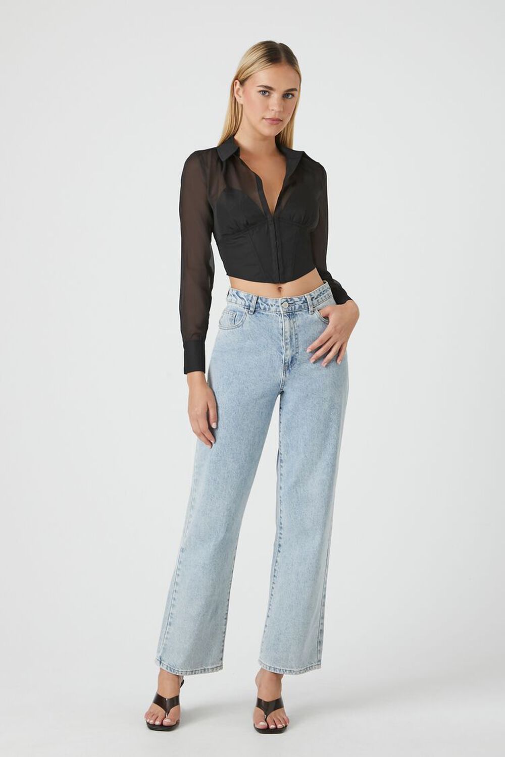 Forever 21 Women's Sheer Combo Hook-and-Eye Crop Top in Black Medium | Date Night & Going Out, Party Outfits | 100% Poplin | F21