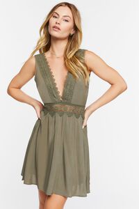 OLIVE Plunging Lace-Trim Mini Dress, image 2